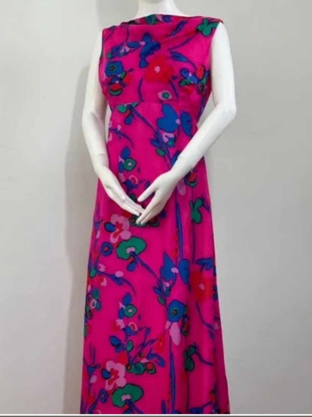 Victor Costa 60s Vintage Romantica Low Back Hot Pink Floral Gown Maxi Dress 4 6
